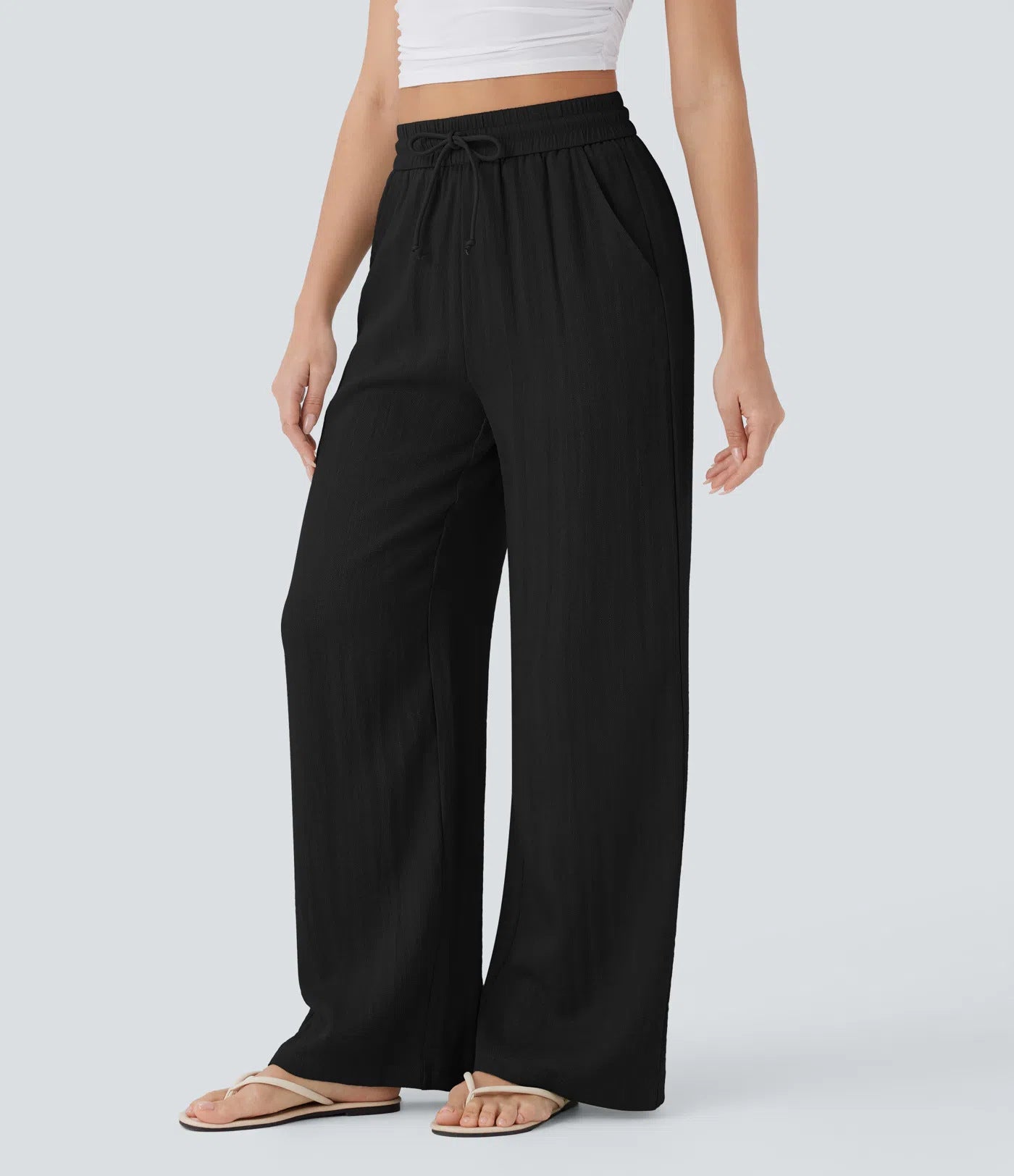 High Waisted Wide Leg Drawstring Linen Pants