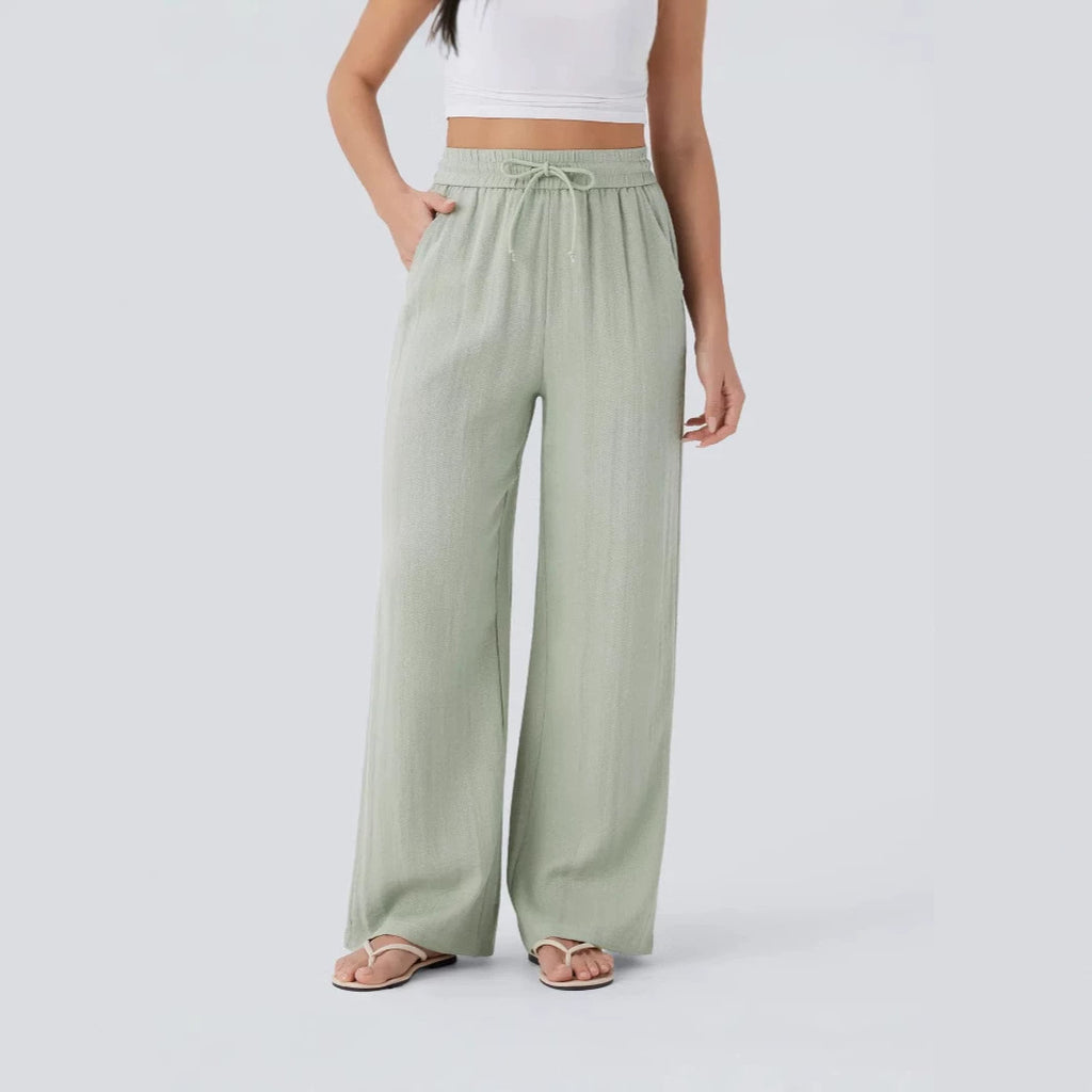 High Waisted Wide Leg Drawstring Linen Pants