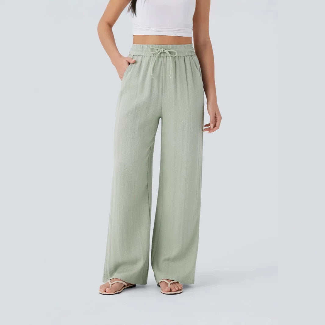 High Waisted Wide Leg Drawstring Linen Pants