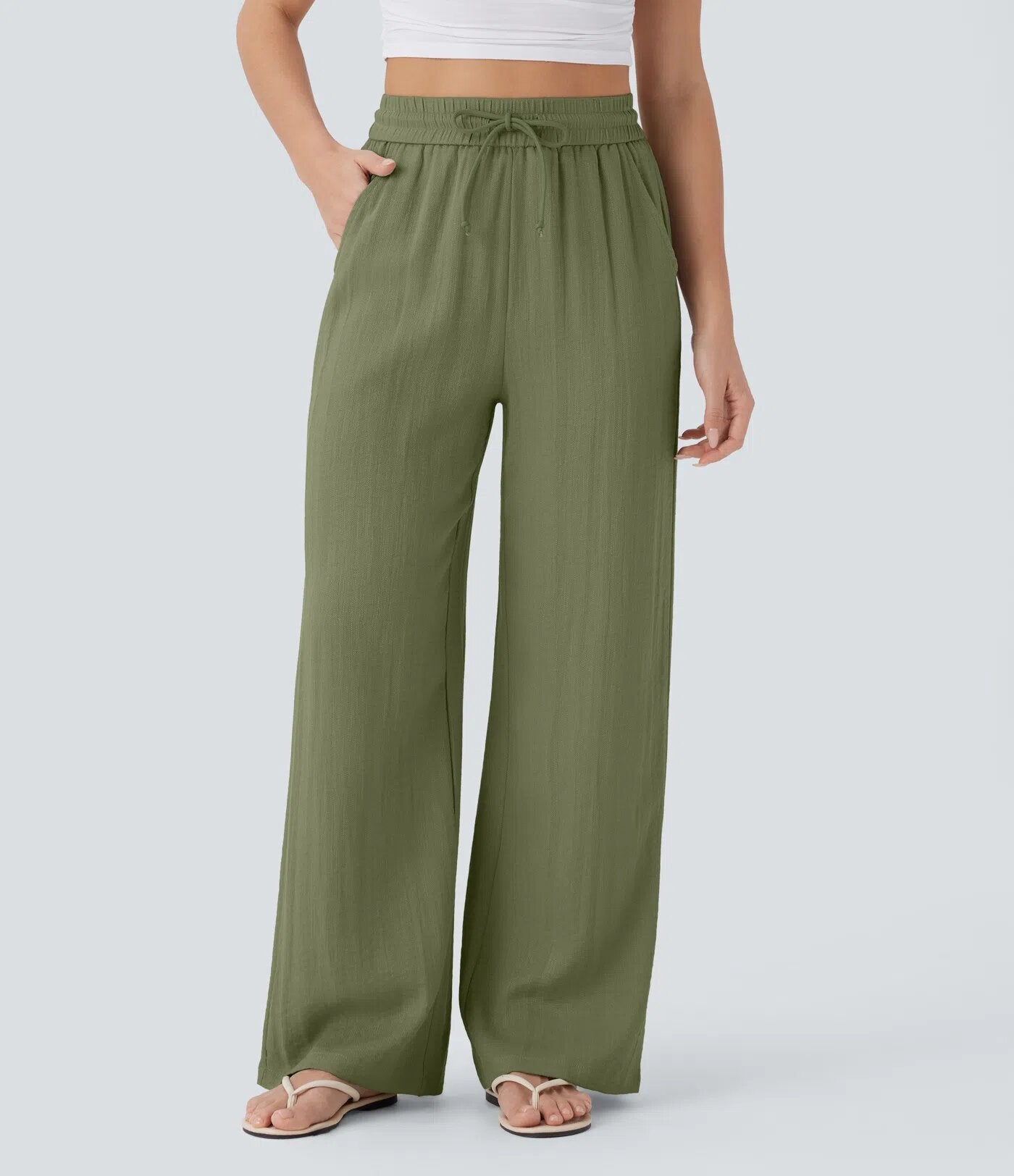 High Waisted Wide Leg Drawstring Linen Pants