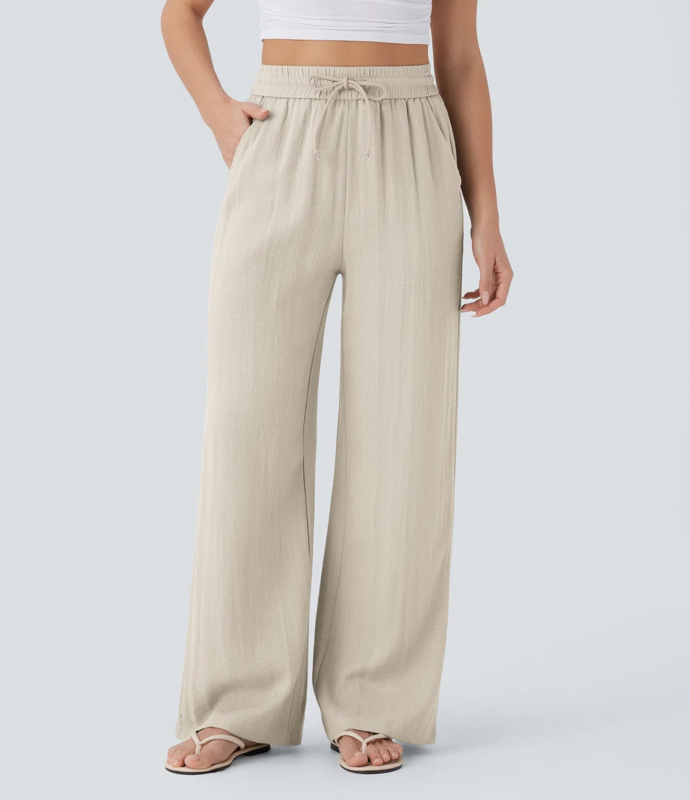 High Waisted Wide Leg Drawstring Linen Pants