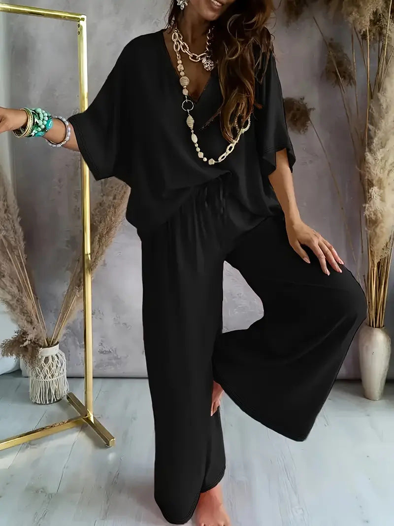 Womens V-Neck Batwing Sleeve Wide-Leg Pants Set