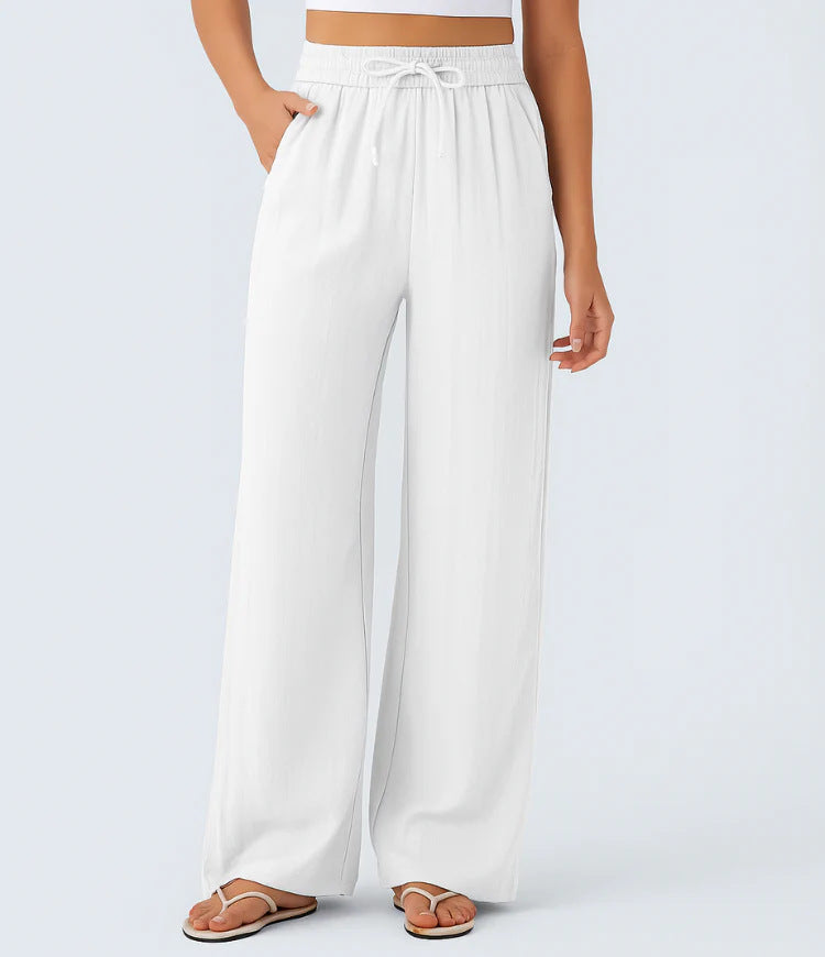 High Waisted Wide Leg Drawstring Linen Pants
