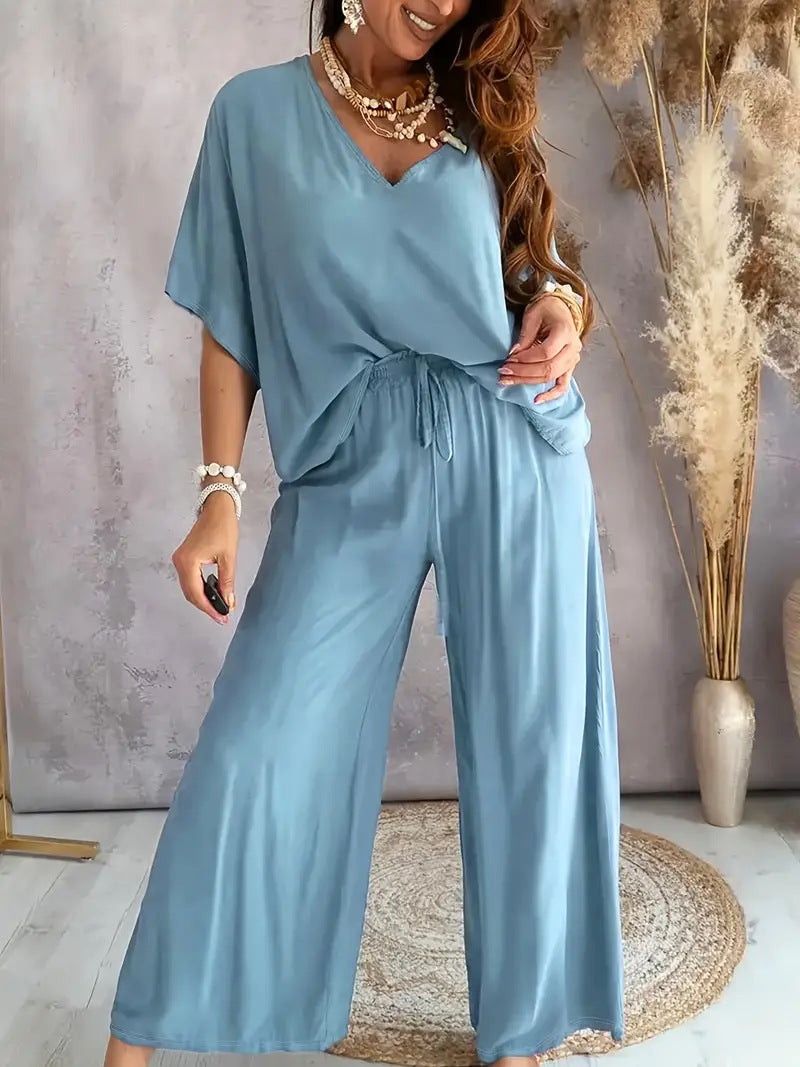 Womens V-Neck Batwing Sleeve Wide-Leg Pants Set