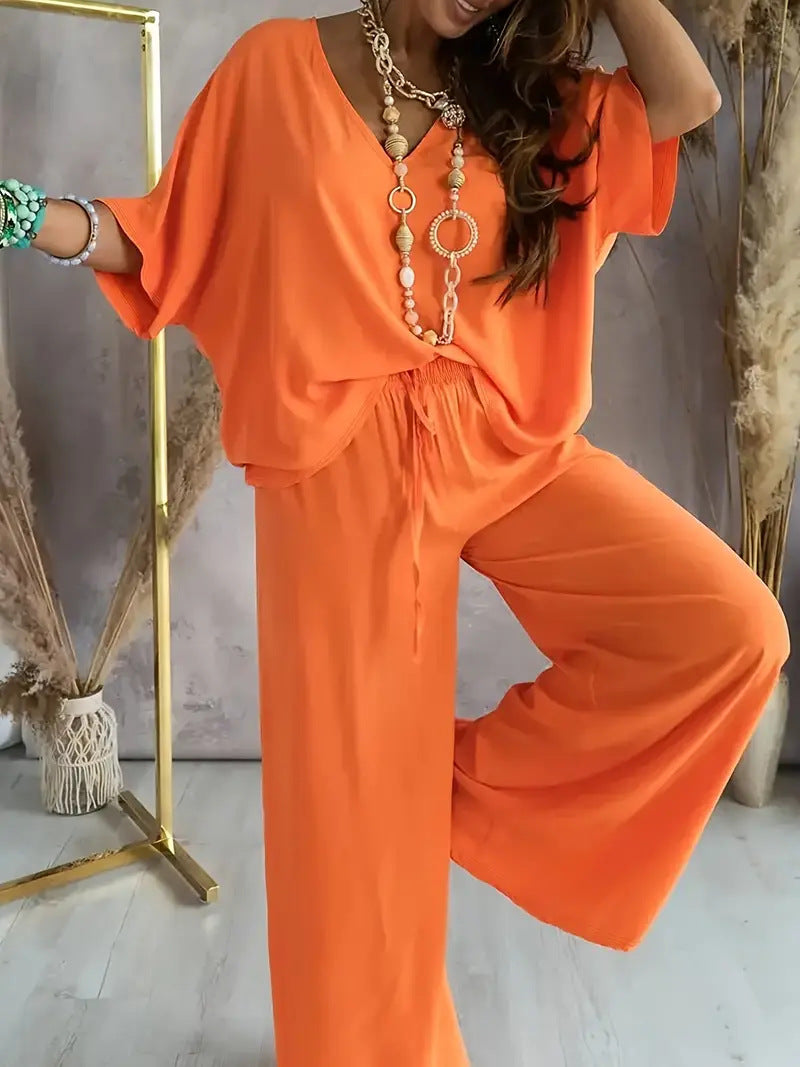 Womens V-Neck Batwing Sleeve Wide-Leg Pants Set